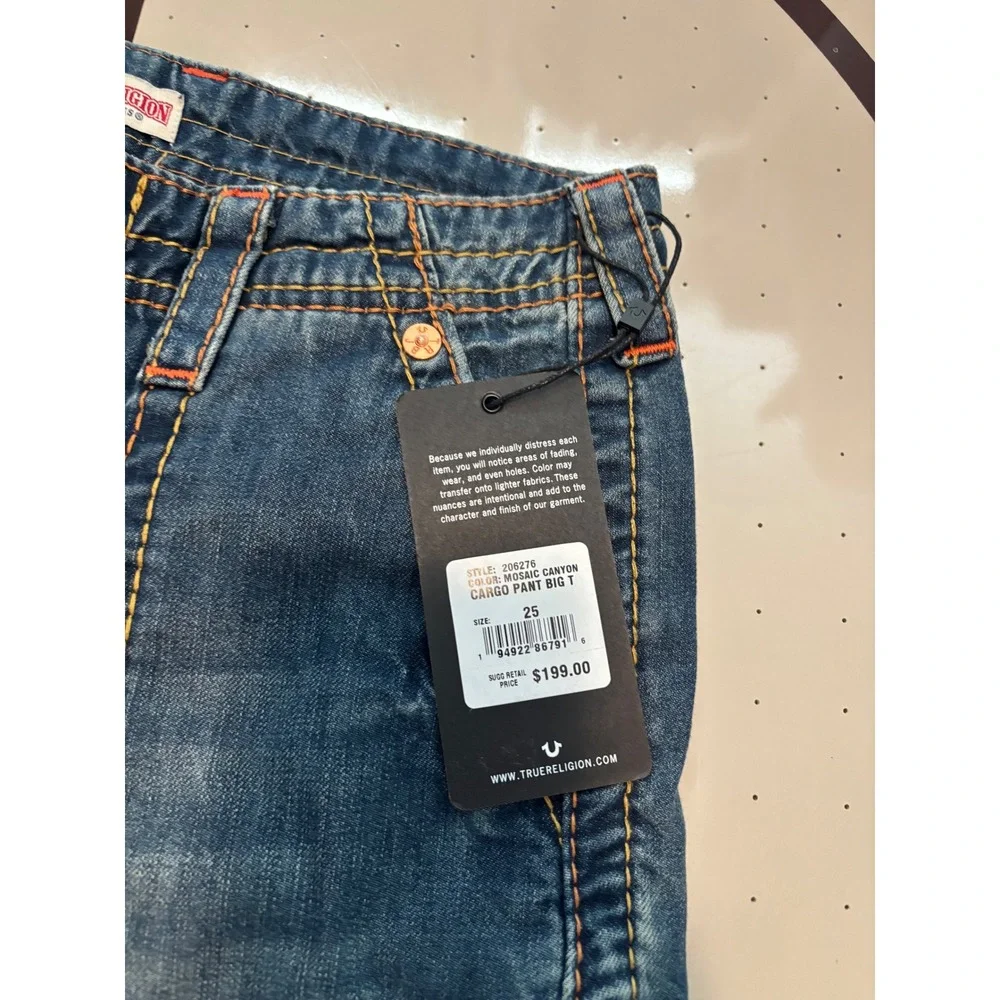 257 True Religion Mosaic Canyon Cargo Pant Big T Blue Denim Wide Leg  Size 25